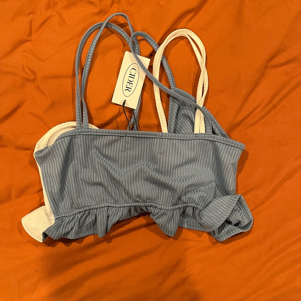 Cider Gray and White Striped Ruffle Crop Top